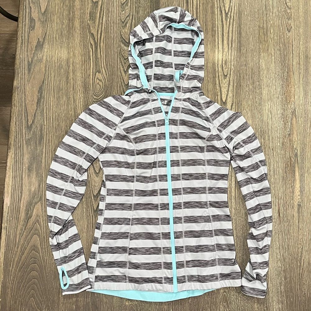 Lukka Zip Up Long Sleeve Hoodie Jacket Striped Gray Black Aqua Size M